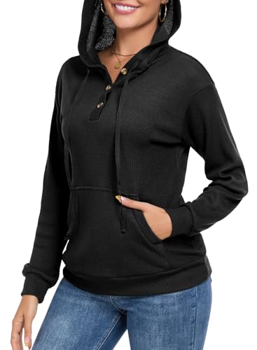 Chicrise Strickpullover Damen V-Ausschnitt Lange Ärmel Hoodies Knopfleiste Casual Oberteile Mode Einfarbige Schwarz X Groß 46-48 von Chicrise