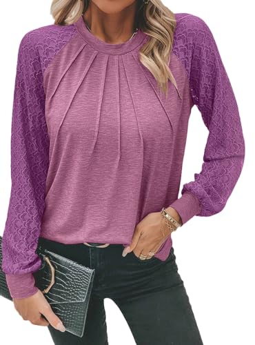 Chicrise Sweatshirt Damen Longsleeve Mit Lace Bluse 2024 Herbst Mode Tunika Blusen Pleated Rundhals Tops Chic Violett 2XL 50-52 von Chicrise