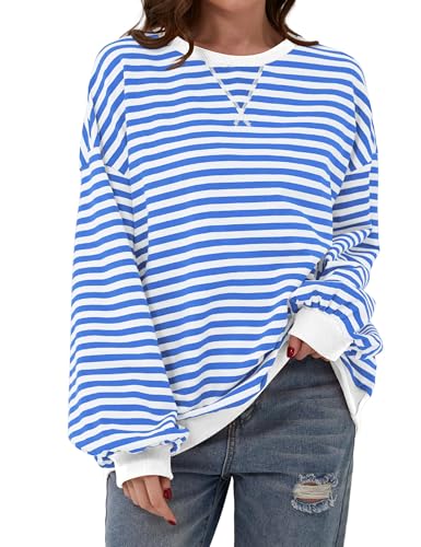 Chicrise Sweatshirt Damen Oversized Striped Langarmshirt Gestrickt Rund Ausschnitt Oberteile Blau-Weiss Gestreift Klein 34-36 von Chicrise