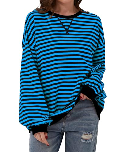 Chicrise Sweatshirt Damen Oversized Striped Langarmshirt Gestrickt Rund Ausschnitt Oberteile Blau-schwarz Gestreift Klein 34-36 von Chicrise
