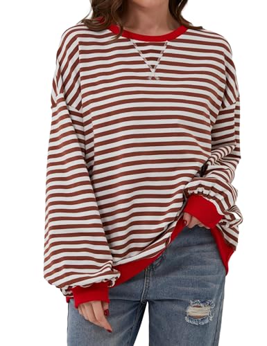 Chicrise Sweatshirt Damen Oversized Striped Langarmshirt Gestrickt Rund Ausschnitt Oberteile Braun 2X Groß 50-54 von Chicrise
