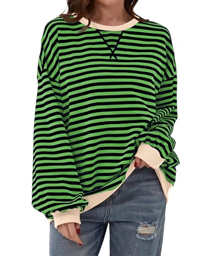 Chicrise Sweatshirt Damen Oversized Striped Langarmshirt Gestrickt Rund Ausschnitt Oberteile Grün-schwarz Gestreift 2X Groß 50-54 von Chicrise