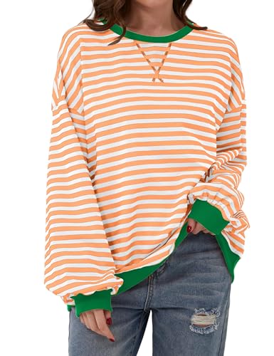 Chicrise Sweatshirt Damen Oversized Striped Langarmshirt Gestrickt Rund Ausschnitt Oberteile Orange X Groß 46-48 von Chicrise