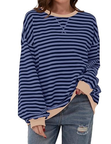 Chicrise Sweatshirt Damen Pullover Runde Ausschnitt Farbblock Gestreifter Langarmshirt Oversized Blau 2X Groß 50-54 von Chicrise