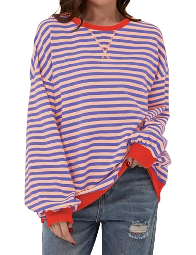 Chicrise Sweatshirt Damen Pullover RundhalAusschnitt Farbblock Gestreifter Langarmshirt Orange Groß 42-44 von Chicrise