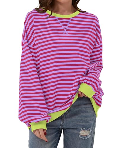 Chicrise Sweatshirt Damen Pullover RundhalAusschnitt Farbblock Gestreifter Langarmshirt Rosa-violett Gestreift 2X Groß 50-54 von Chicrise