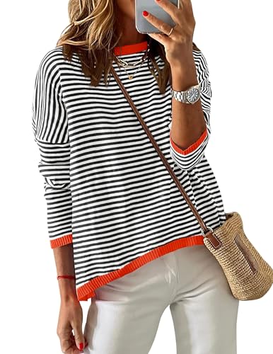 Chicrise Sweatshirt Damen Pullover RundhalAusschnitt Farbblock Gestreifter Langarmshirt Schwarz-weiß Gestreift Klein 34-36 von Chicrise