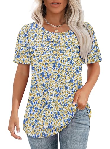 Chicrise T-Shirt Damen Kurzarm Falten Rundhals Bluse Elegant Puffärmeln Locker Einfarbig Basic Oberteile Gelb Blattmuster 3X Groß 56-60 von Chicrise