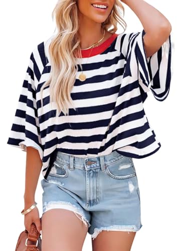 Chicrise T Shirt Damen Sommer Kurzarm Baggy Farbblock Oberteile Gestreiftes Bauchfrei Casual Top Blau Weiß X Groß 46-48 von Chicrise