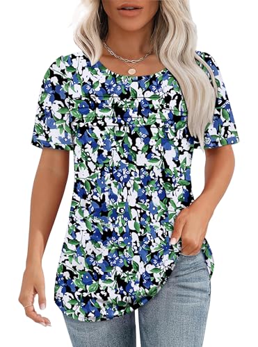 Chicrise T Shirt Damen Sommer Kurzarm Rundhalsausschnitt Falten Blusen Puffärmel Oversized Casual Kleidung Blau Weiß Blumenmuster Mittel 38-40 von Chicrise