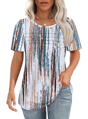 Chicrise T Shirt Damen Sommer Kurzarm Rundhalsausschnitt Falten Blusen Puffärmel Oversized Casual Kleidung Buntes Graffiti Muster Mittel 38-40 von Chicrise