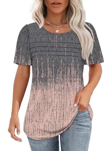 Chicrise T Shirt Damen Sommer Puffärmeln Rundhals Plissee Tunika Elegant Kurzarm Loose Plain Casual Oberteile Orange Grau Graffiti 2X Groß 50-54 von Chicrise