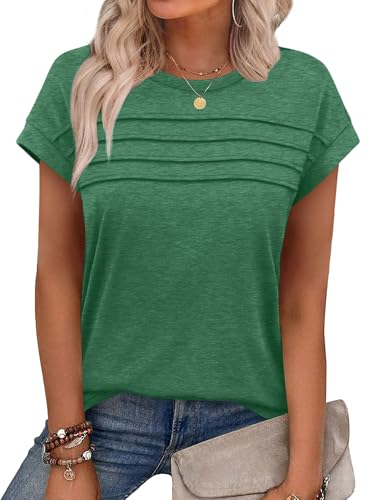 Chicrise T-Shirt Damen Summer Kurzarm Falten Oberteile Flügelärmeln Elegant Einfarbig Lässige Basic Top Dunkegrün Mittel 38-40 von Chicrise