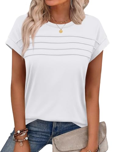Chicrise T-Shirt Damen Summer Kurzarm Falten Oberteile Flügelärmeln Elegant Einfarbig Lässige Basic Top Weiß 2X Groß 50-54 von Chicrise