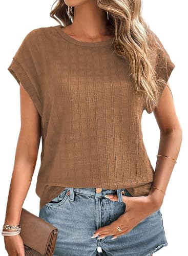 Chicrise T-Shirt Damen Summer Rundhals Fledermausärmel Kurzarm Tops Schicke Lockeres Leicht Und Luftig Oberteile Dunkelbraun Mittel 38-40 von Chicrise