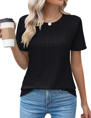 Chicrise T-Shirts Für Damen Kurzarm Rundhals Business Oberteile Elegant Einfarbig Pleated Basic Strick Tunika Schwarz 3X Groß 56-60 von Chicrise