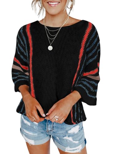 Chicrise Top Damen 3/4 Arm Rundhalausschnitt Farbblock Oberteile Leicht Morden 2024 Schwarz Mittel 38-40 von Chicrise