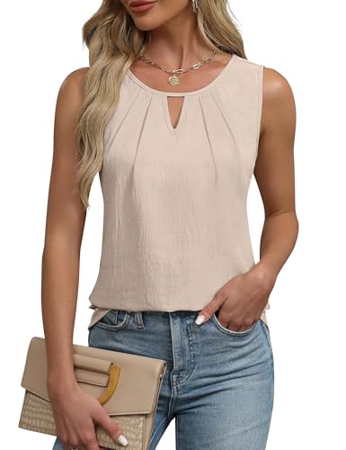 Chicrise Damen Tops V Ausschnitt Tank Oberteile Crew Neck Ärmellos Bluse Keyhole Elegant Beige Mittel 38-40 von Chicrise
