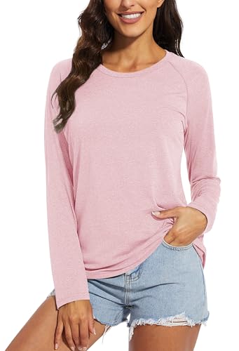 Chicrise Tshirt Damen Elegant Raglan Langarm Oberteile Dünnere Lässig Rundhals Einfarbig Tunika Leicht Hellrosa X Groß 46-48 von Chicrise