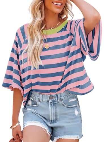 Chicrise Tshirt Damen Oversize Kurzarm Gestreiftes Modern Oberteile Rundhals Lässige Leicht Outfit Rose Blau Mittel 38-40 von Chicrise