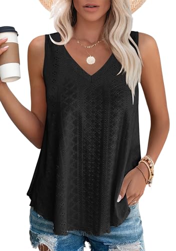 Chicrise Tshirt Damen Sommer Armellose V-Ausschnitt Tanktops Locker Klassischer Oberteile Leicht und Luftig Schwarz Mittel 38-40 von Chicrise
