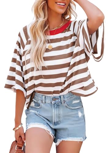 Chicrise Tshirt Damen Sommer Kurzarm Gestreiftes Rundhals Oberteile Kurze Oversize Lässige Farbblock Basic Top Braun Weiß Klein 34-36 von Chicrise