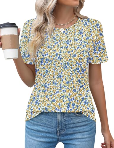 Chicrise Tshirt Damen Sommer Kurzarm Rundhals Pleated Lässige Oberteile Elegant Einfarbig Basic Strick locker Bluse Gelb Blattmuster Klein 34-36 von Chicrise