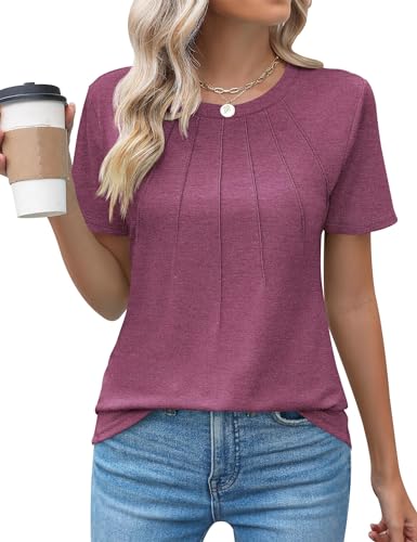 Chicrise Tshirt Damen Sommer Kurzarm Rundhals Tunika Elegant Pleated Strick Basic Casual Oberteile DunkelRot 3X Groß 56-60 von Chicrise