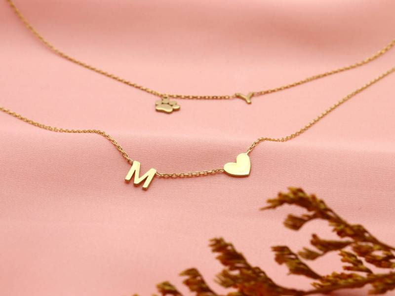 Personalisiert Kette Buchstaben Seitlich, Buchstabe, Kette Rosegold, Initialen Anhänger Buchstabenkette Herz von ChicsJewelry