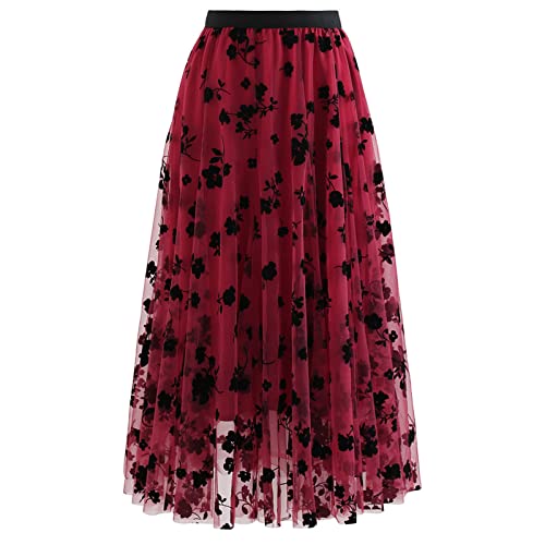 CHICWISH Damen-Midirock aus doppellagigem Netztüll mit 3D-Blütenstickerei, Mittel von Chicwish