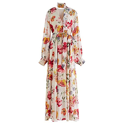 CHICWISH Damen Creme Schal Tief Vernal Blossom Chiffon Maxi Kleid, Cream, Klein von Chicwish