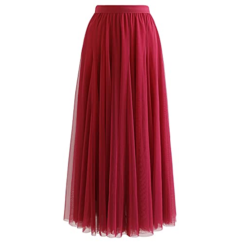 CHICWISH Damen Flieder Creme Grau Rosa Schwarz Layered Mesh Ballett Ball Party Tüll Tutu A-Linie Maxi Rock, rot, Mittel von Chicwish