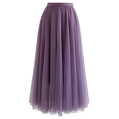 CHICWISH Damen Flieder Creme Grau Rosa Schwarz Layered Mesh Ballett Ball Party Tüll Tutu A-Linie Maxi Rock, violett, Groß von Chicwish