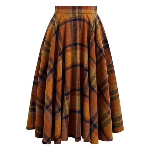 Chicwish Damen Herbst Winter Vintage Plaid Wolle Röcke Hohe Taille A-Linie Plissee Midi Rock Kürbis, Kürbis, Mittel von Chicwish