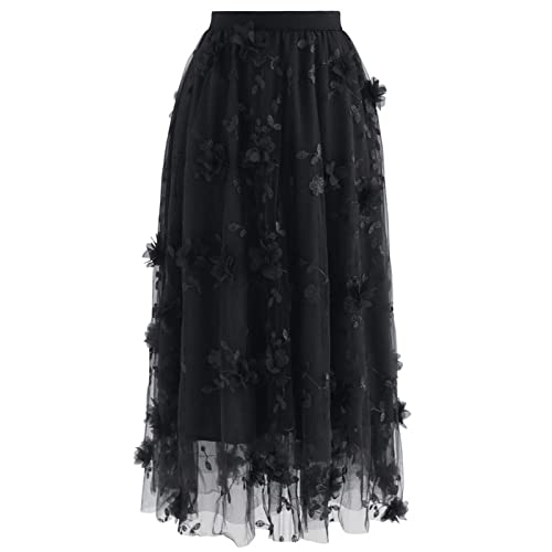 CHICWISH Damen 3D Mesh Blumen Bestickt Tüll Midi Rock, Schwarze 3D-Netzblume, Mittel von Chicwish