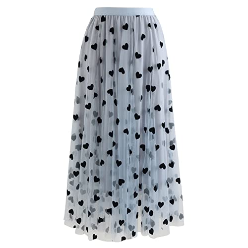 CHICWISH Damen Karamell/Dusty Blue/White/Black 3D Posy Double Layer Mesh Midi Rock, Blaues 3D-Herz, Mittel von Chicwish
