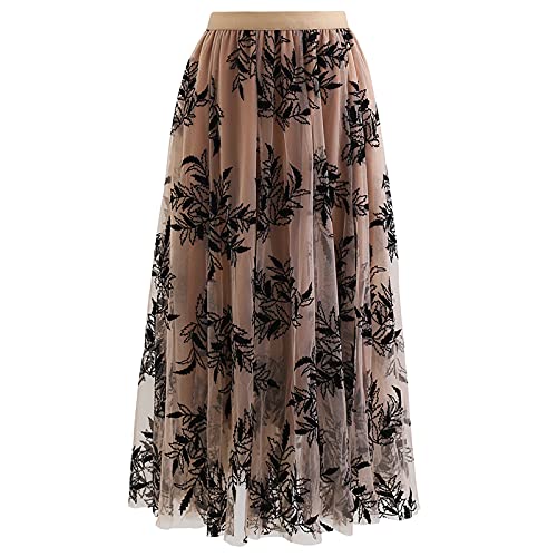 CHICWISH Damen Karamell 3D Blatt Doppellagiger Mesh Tüll Midi Rock, Karamell-3D-Blätter, Mittel von Chicwish