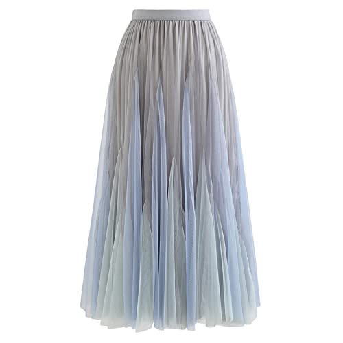 CHICWISH Damen Lilac/Cream/Grau/Rosa/Schwarz Layered Mesh Ballett Prom Party Tüll Tutu A-Linie Maxi Rock, Dusty Blue Color Block, Groß von Chicwish