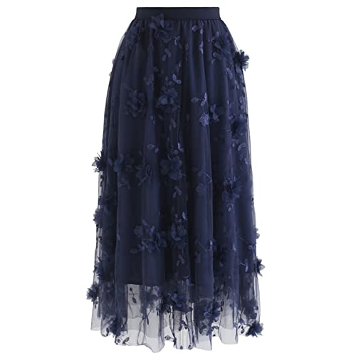 CHICWISH Damen-Midirock aus Tüll mit 3D-Netzgewebe-Blumenstickerei, Groß von Chicwish