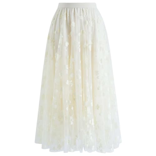 CHICWISH Damen-Midirock aus doppellagigem Netztüll mit 3D-Blütenstickerei, L/XL von Chicwish