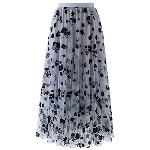 CHICWISH Damen-Midirock aus doppellagigem Netztüll mit 3D-Blütenstickerei, Mittel von Chicwish