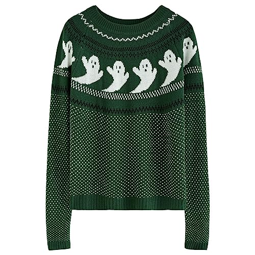 CHICWISH Damen Schwarz/Armeegrün/Orange Cute Ghost Langarm Halloween Strickpullover Pullover, Grün (Army Green), XS/S von Chicwish