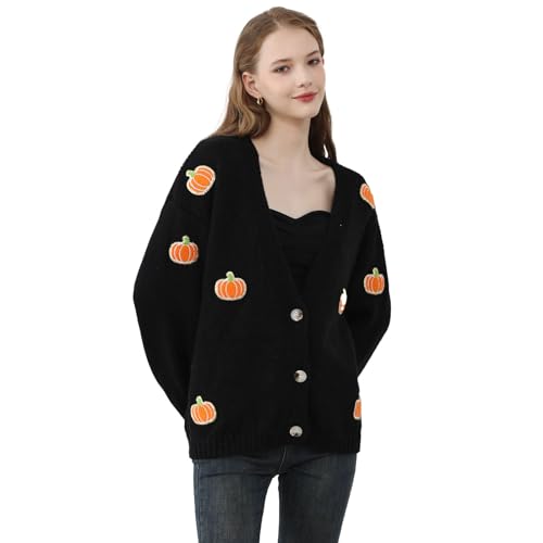 CHICWISH Damen Schwarz Lila Halloween Geist Patch Open Front Cardigan Pullover V-Ausschnitt Casual Button Down Strickmäntel, Schwarzer Kürbis, Large-X-Large von Chicwish