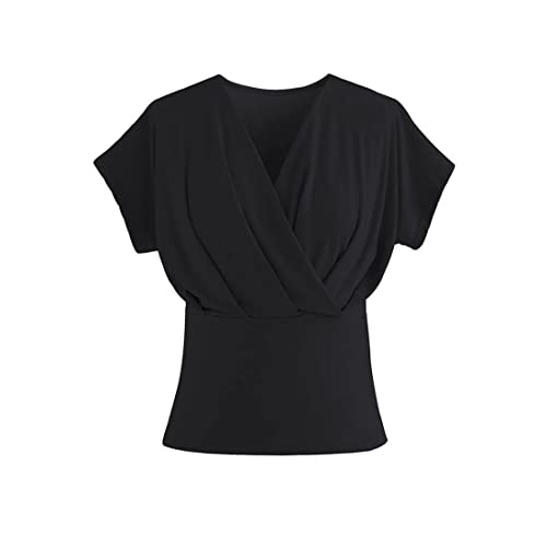 CHICWISH Damen Schwarz Ultra Soft Kurzarm Baumwolle Wickeloberteil, Schwarz, Mittel von Chicwish