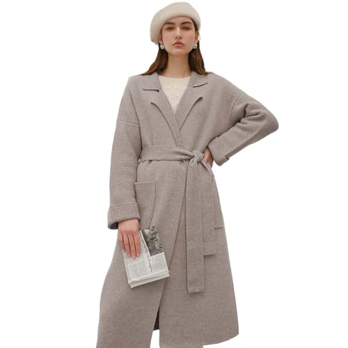 CHICWISH Damen Strickjacke mit offener Vorderseite, lange Ärmel, Revers, Gürtel, lange Ärmel, Coatigan, gerippter Strickmantel mit Taschen, Taupe, Medium-Large von Chicwish