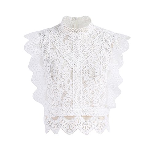 CHICWISH Damen weiß/schwarz fallendes Blatt volle Spitze gehäkelt Rundhalsausschnitt ärmellos Crop Top, Your Sassy Start-Weiß, Small von Chicwish