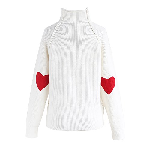 Chicwish Damen Bequeme beiläufige Lange Hülsen-Herz-Form-gepatchten Knit Top-Pullover-Strickjacke Large/X-Large Weiß von Chicwish
