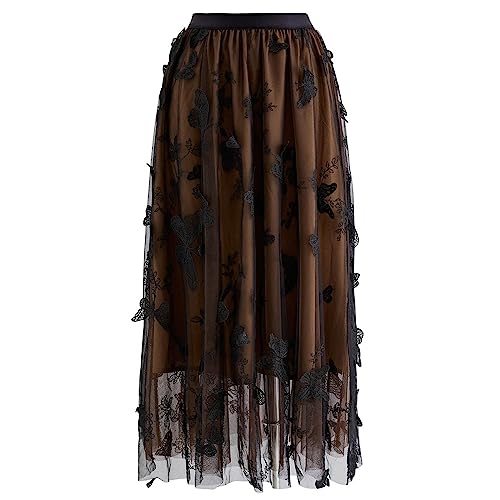 Chicwish Damen Karamell/Dusty Blue/White/Black 3D Posy Doppellagiger Mesh Midi Rock, Tan-3D Schmetterling, S/M von Chicwish