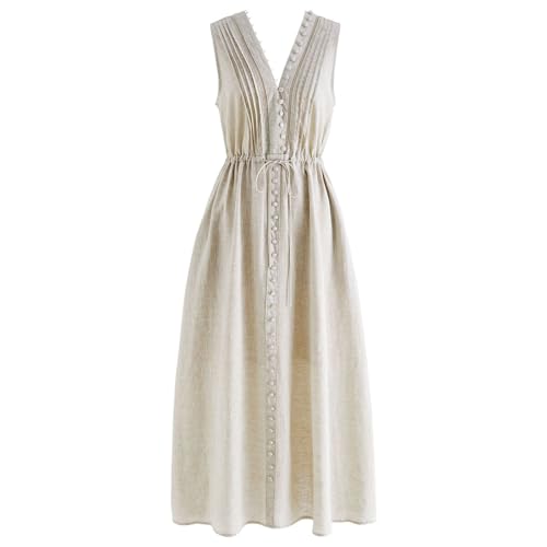 Chicwish Damen-Midikleid mit V-Ausschnitt, ärmellos, lässig, Knopfleiste, Strand, Sommer, Urlaub, Leinen, Midi-Kleid mit Seitentaschen, Leinen, Groß von Chicwish