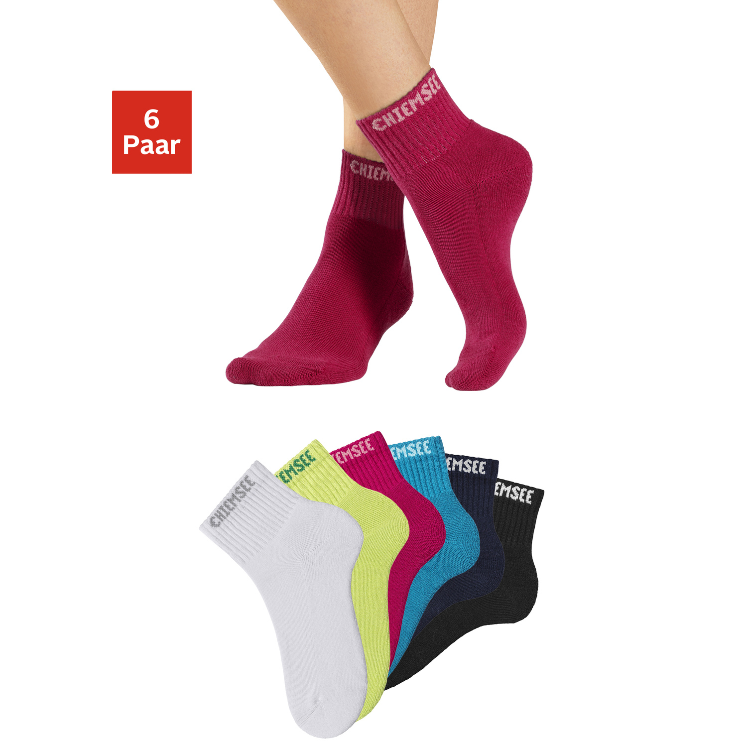 CHIEMSEE Kurzsocken Damen 1xpink, 1xschwarz, 1xlimone, 1xweiß, 1xtürkis, 1xnavy Gr.43-46 von Chiemsee